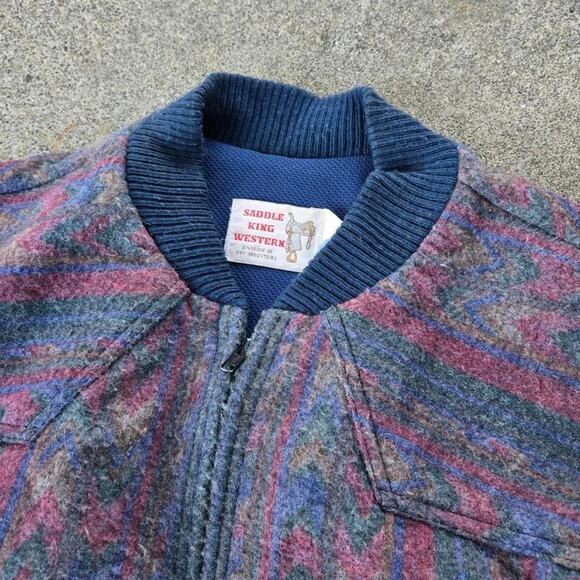 Vtg 70s SADDLE KING WESTERN Geometric Southwest All Over Print Bomber Jacket Lg - Picture 3 of 6